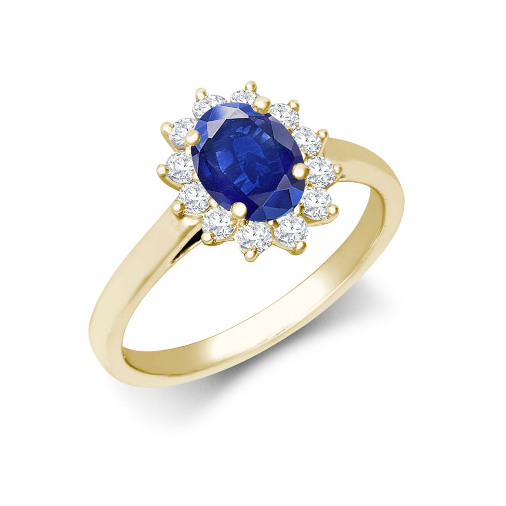 Ovaler Ring aus 18-karätigem Gelbgold mit 0,35 ct Diamanten im Krappenfass-Cluster-Halo-Design – Fassung für 7 x 5 mm Saphire (0,75 ct)