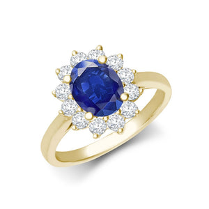 18ct Yellow Gold 0.35ct Diamond Claw-set Cluster Halo Oval Ring  - Holds 8x6mm Sapphire 1.25cts