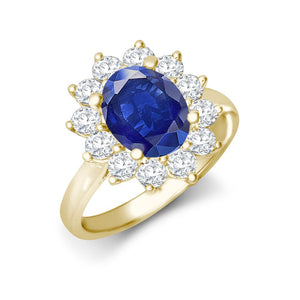 18ct Yellow Gold 0.35ct Diamond Claw-set Cluster Halo Oval Ring  - Holds 9x7mm Sapphire 2.00cts