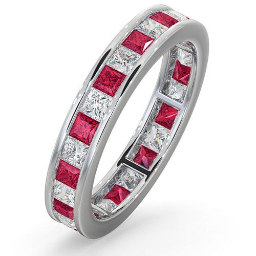 18ct White Gold Channel Set P.cut Full Eternity Ring Diamond 1.00ct Ruby 1.25ct H Si