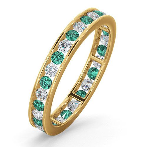  Anello dell'eternità in oro giallo 18 carati con diamanti incastonati a canale, smeraldo da 0,50 carati, G VS da 0,70 carati