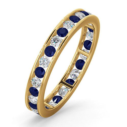 Anello dell'eternità completo in oro giallo 18 carati con diamanti incastonati a canale, zaffiri da 0,50 carati, diamanti sintetici da 0,90 carati