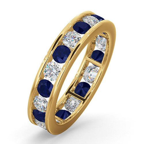  Anello dell'eternità completo in oro giallo 18 carati con diamanti incastonati a canale, zaffiri da 1,00 carati e diamanti da 1,70 carati G VS