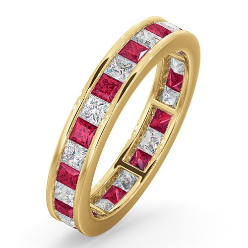  Anello dell'eternità completo in oro giallo 18 carati con taglio principessa e diamanti da 1,00 carati, rubino da 1,25 carati, H Si