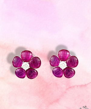 Cervin Blanc 18ct Yellow Gold Diamond Ruby Earrings Flower Studs