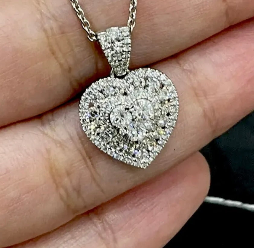Diamond Necklace 1.35ct in 18ct White Gold Heart Pendant Halo Cluster 18” Chain