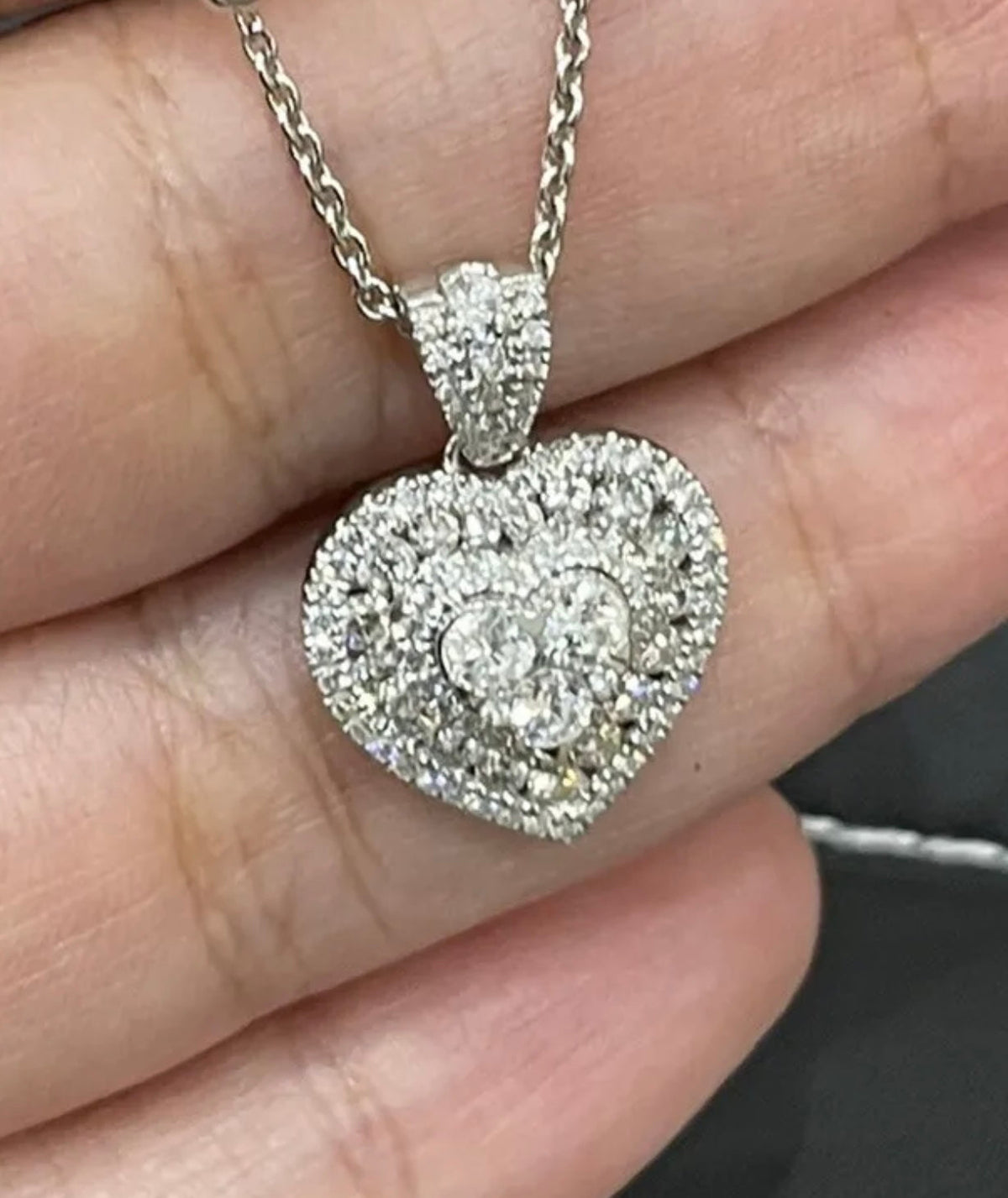Diamond Necklace 1.35ct in 18ct White Gold Heart Pendant Halo Cluster 18” Chain