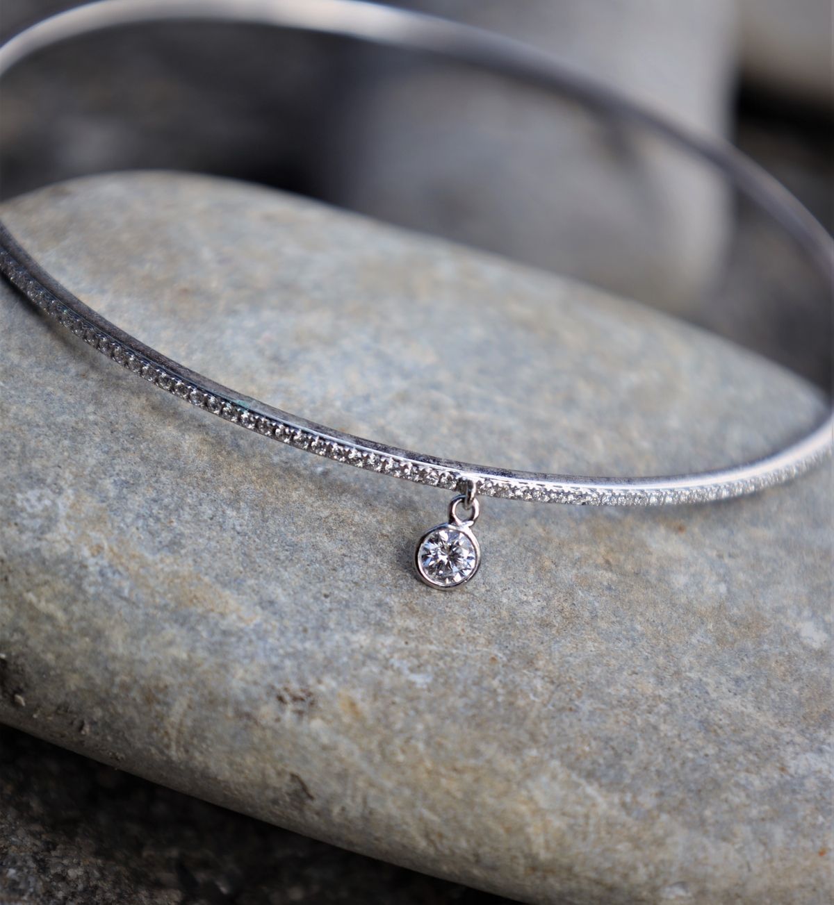 White Gold Eternity Diamond Bangle with solitaire charm