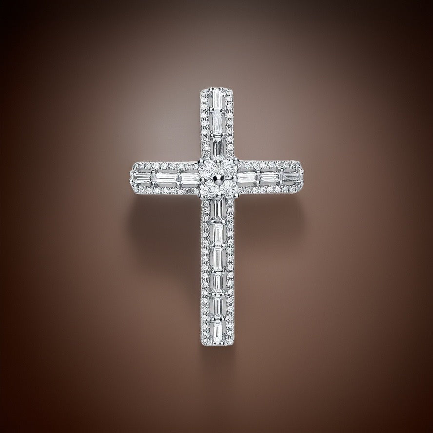 1ct Diamond Pendant Cross 18ct White Gold Baguette & Brilliant Cut
