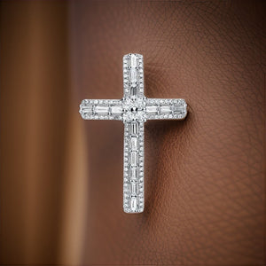 1ct Diamond Pendant Cross 18ct White Gold Baguette & Brilliant Cut