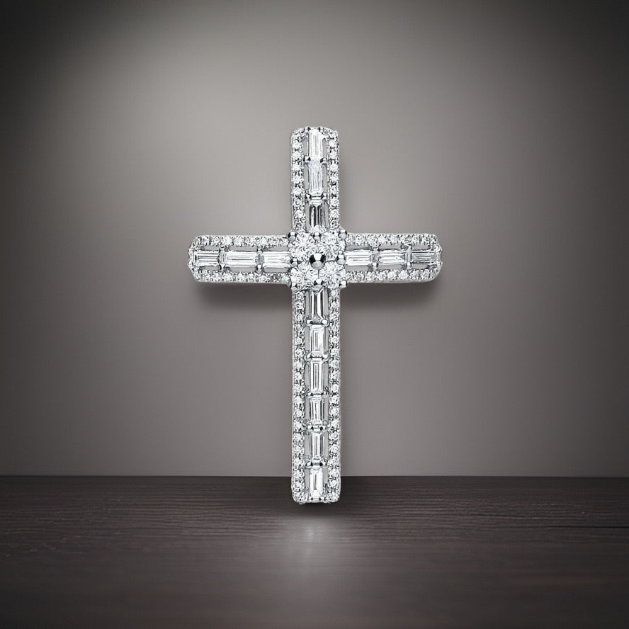 1ct Diamond Pendant Cross 18ct White Gold Baguette & Brilliant Cut