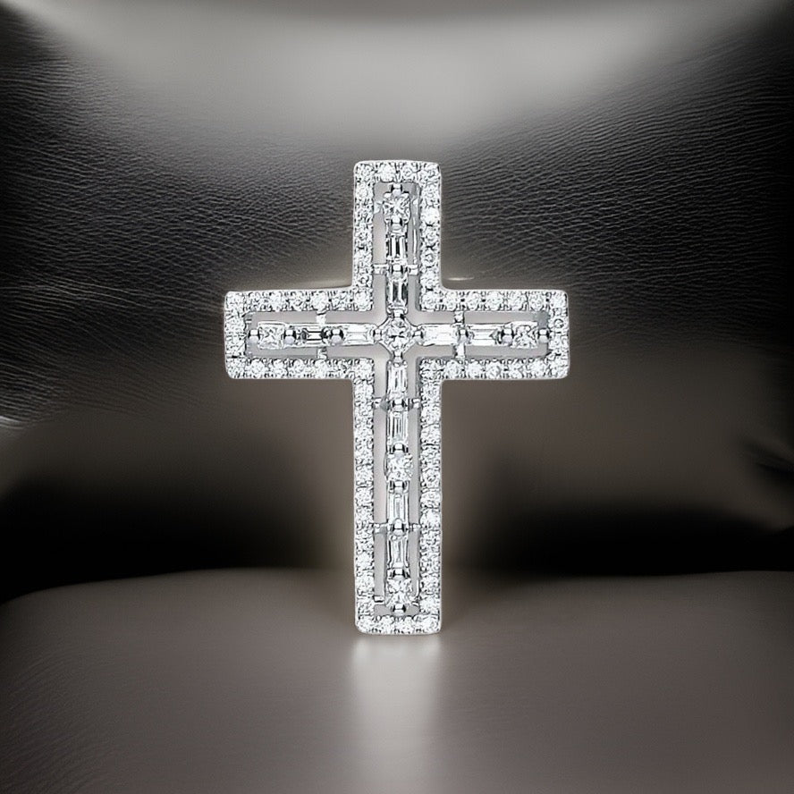 18ct White Gold 0.50ct Baguette & Brilliant Cut Diamond Cross Pendant