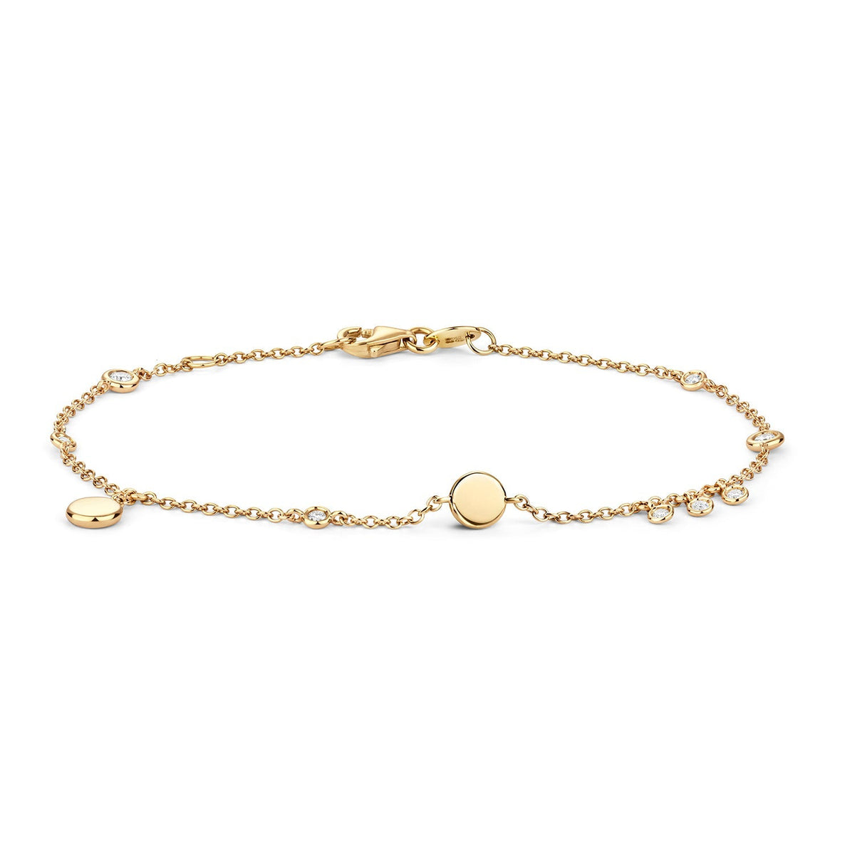Bracelet en or jaune 18 carats serti de diamants (0,15 carat) avec breloques en forme de disque et pendentifs clos.