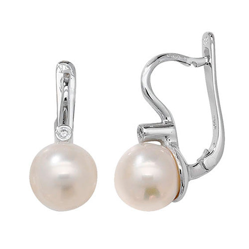 Boucles d'oreilles en or blanc 18 carats avec diamants et perles, fermoir à levier