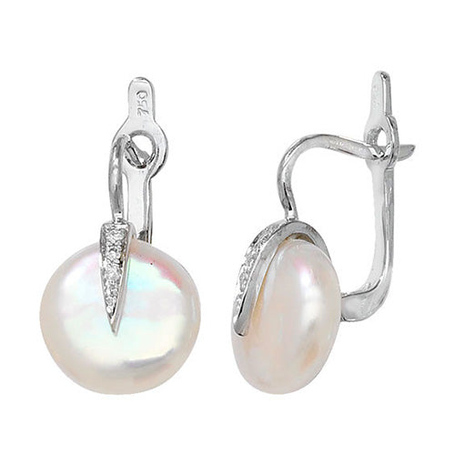 Boucles d'oreilles en or blanc 18 carats avec diamants et perles, fermoir à levier