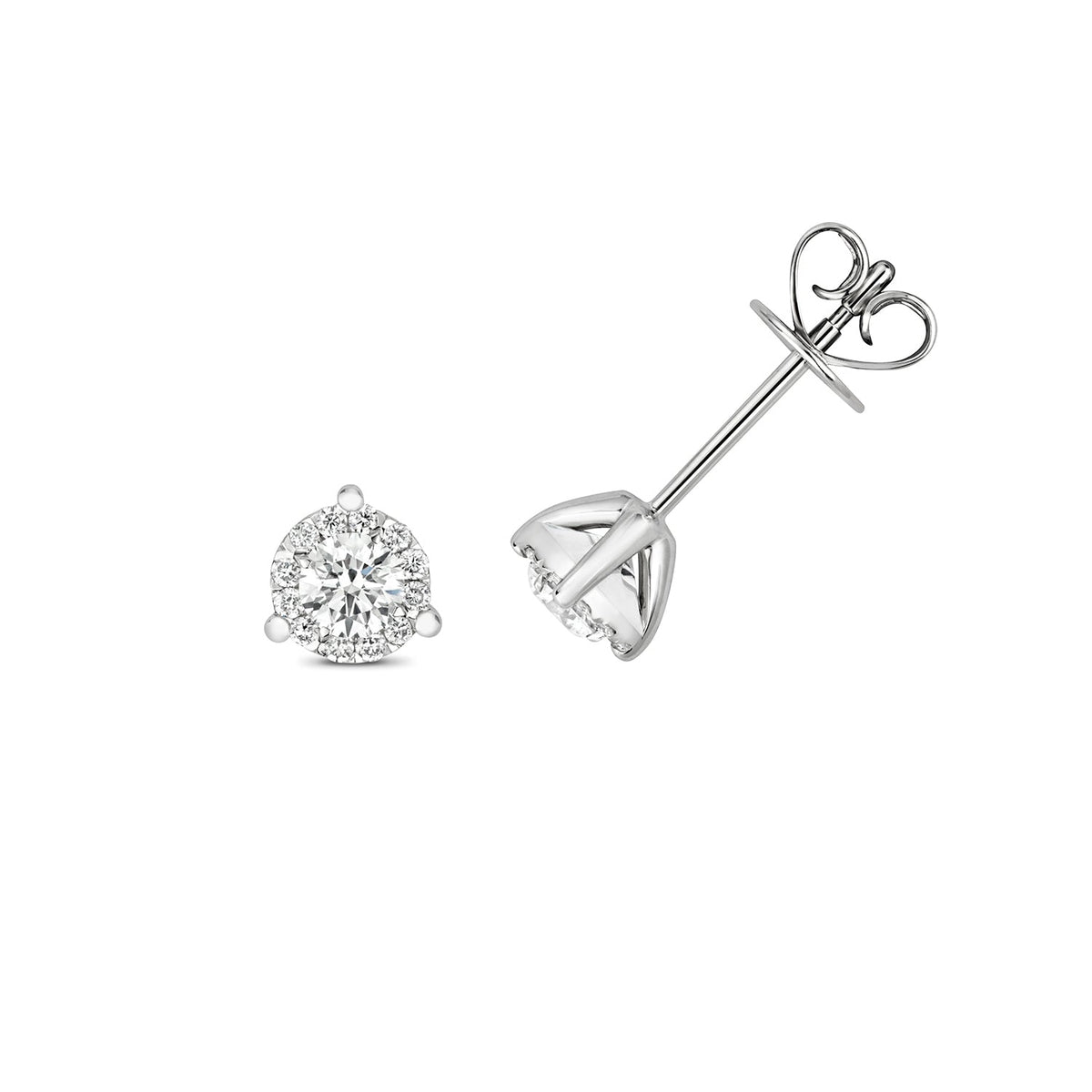 Boucles d'oreilles à trois griffes en or blanc 18 carats, serties de diamants brillants
