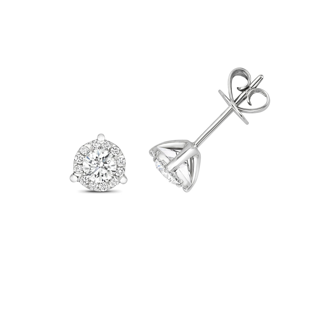 Boucles d'oreilles à trois griffes en or blanc 18 carats, serties de diamants brillants