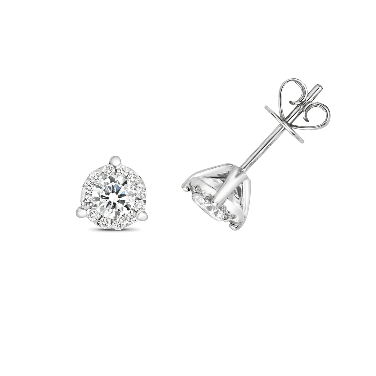 Boucles d'oreilles à trois griffes en or blanc 18 carats, serties de diamants brillants