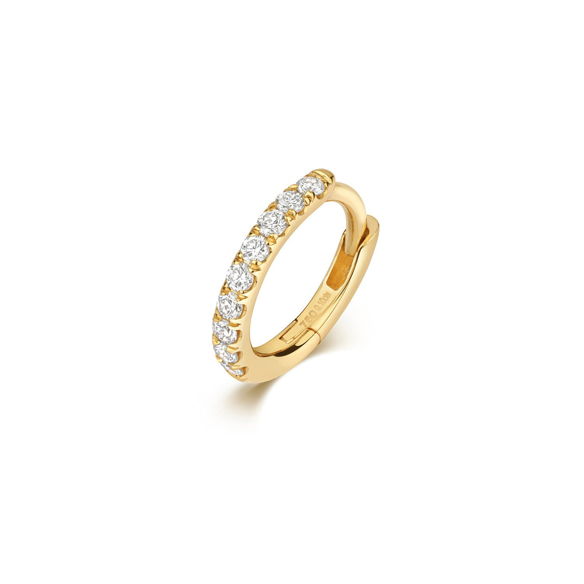 A gold hoop ring with diamonds set around its perimeter