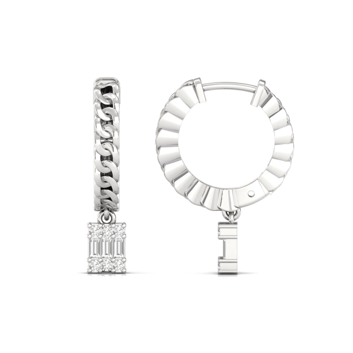 Boucles d'oreilles créoles pendantes en or blanc avec diamants et chaînette