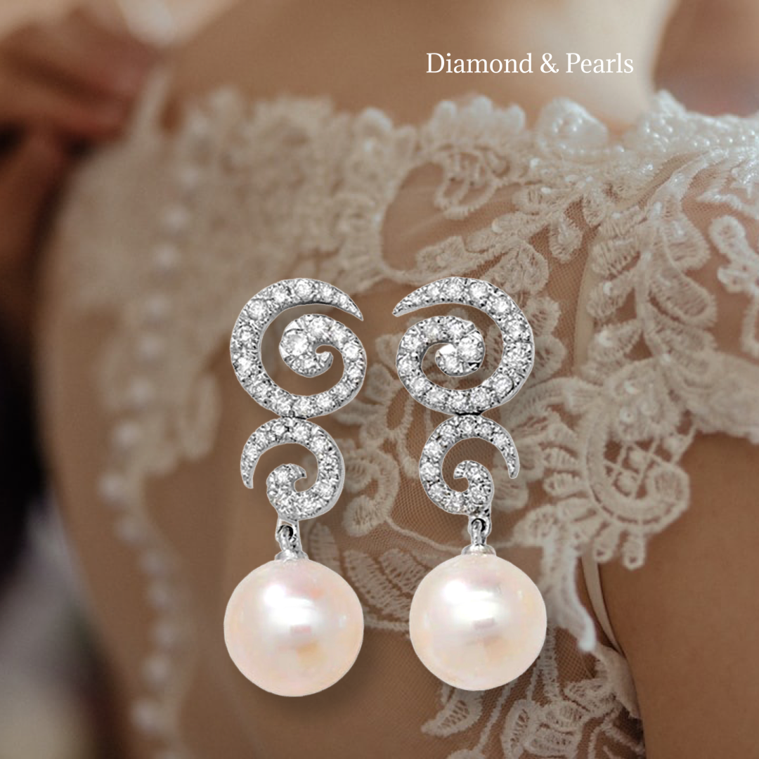 18ct White Gold Diamond Earrings With Pearls Bridal Drop Studs