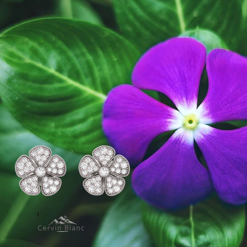 Periwinkle Flower Diamond Earrings White Gold