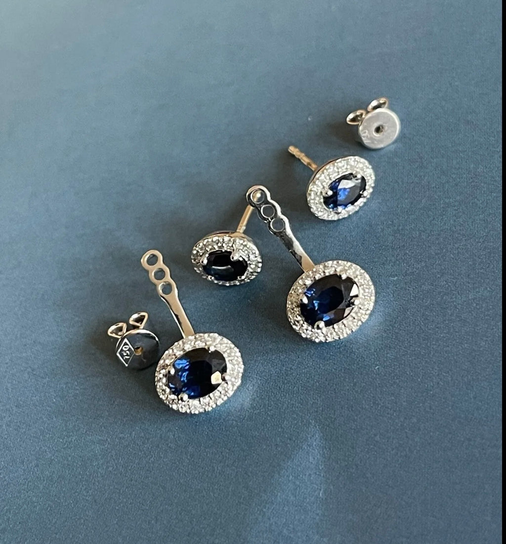 Boucles d'oreilles en or blanc, saphir et diamants, style veste