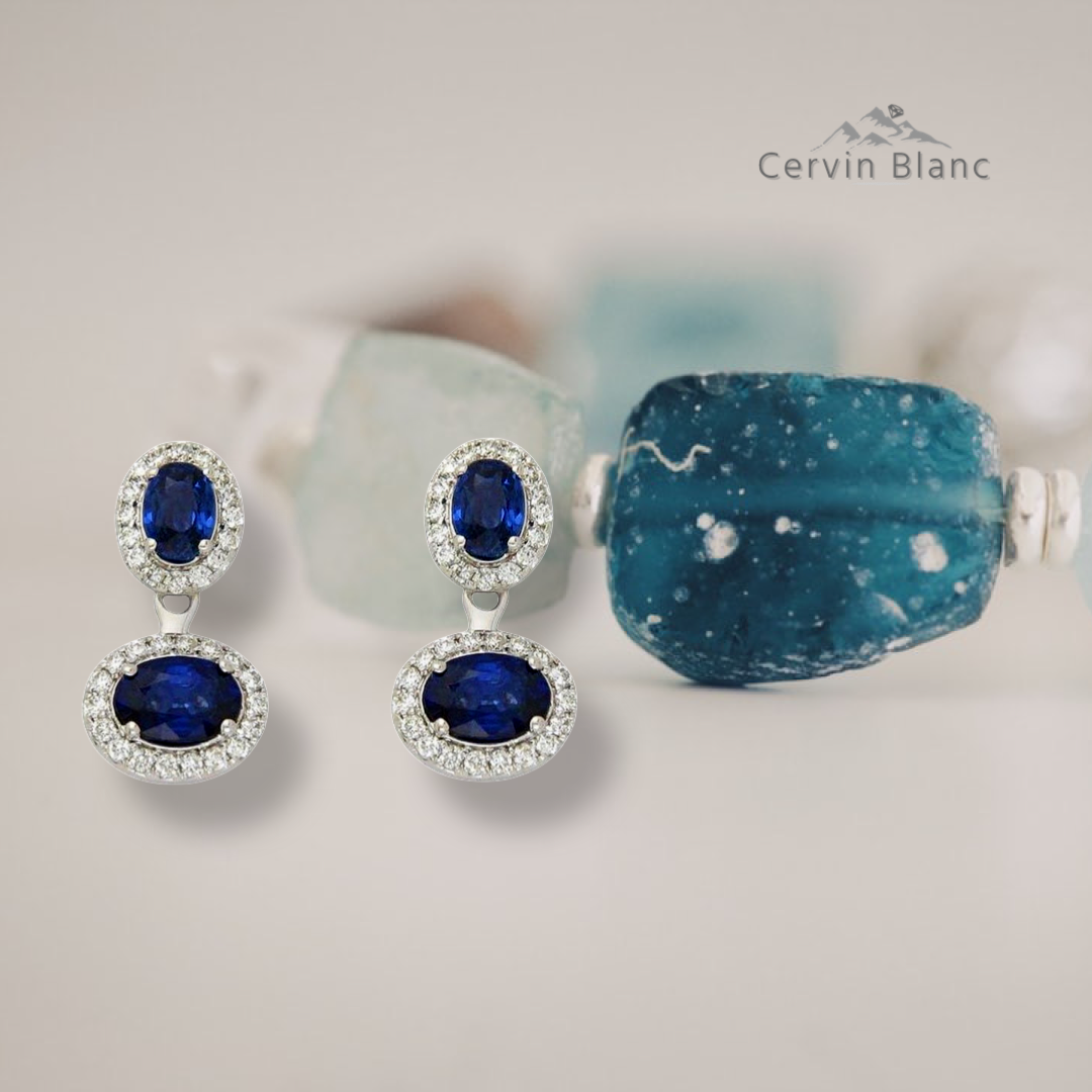 Boucles d'oreilles en or blanc, saphir et diamants, style veste