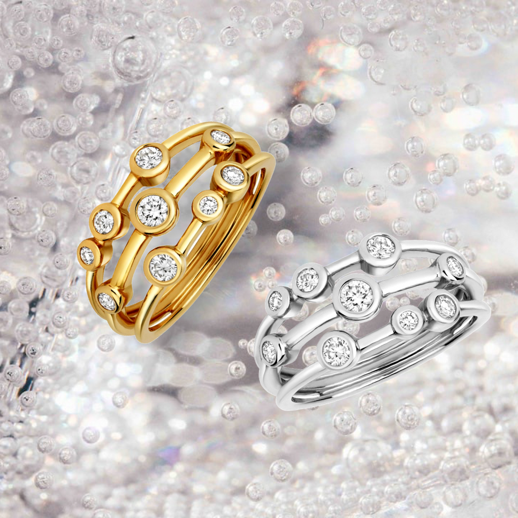 Diamant-Bubble-Ring, 3-reihiger Rubinring aus 18-karätigem Gelbgold