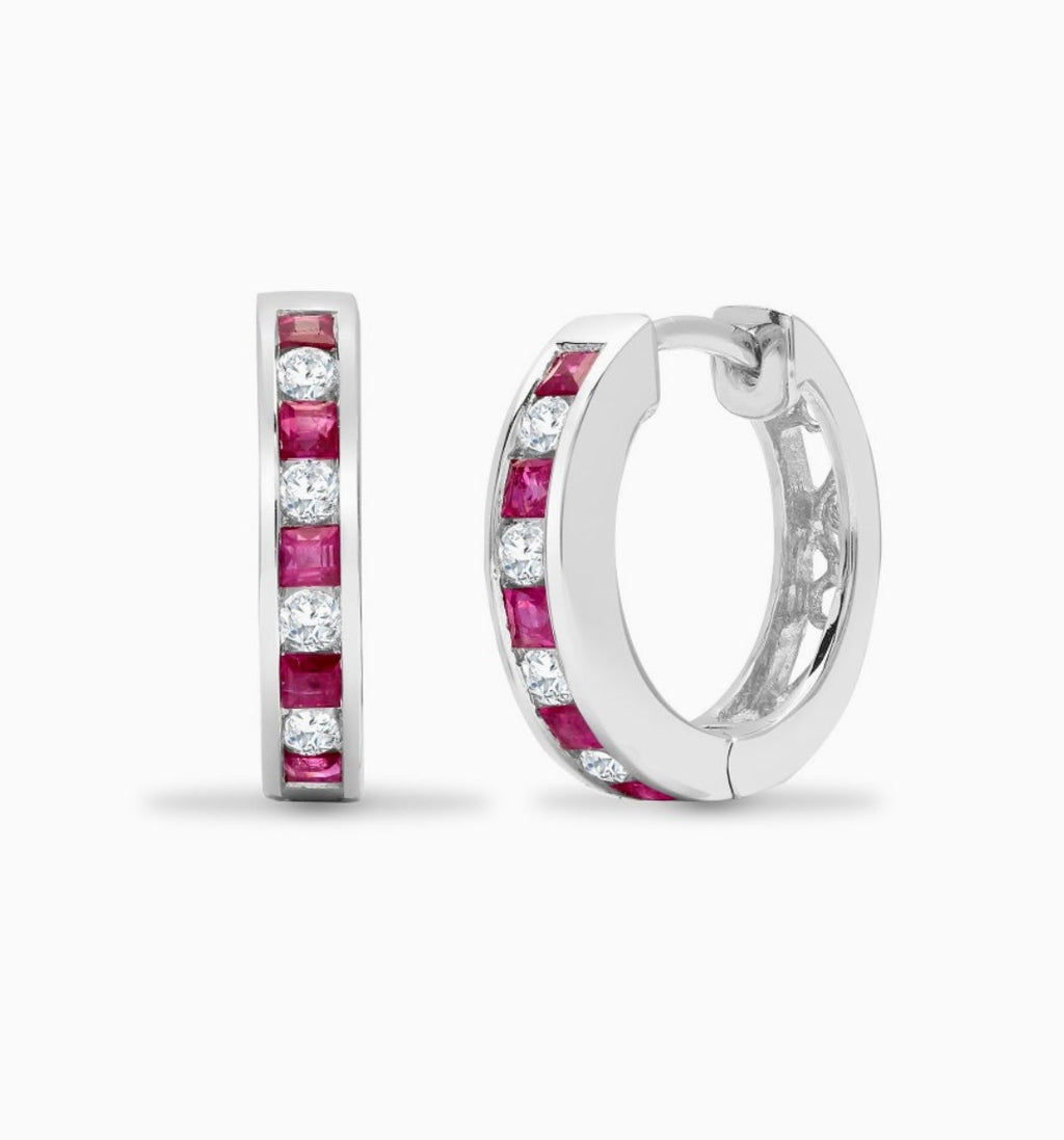 Ruby and Diamond Hoop Earrings White Gold