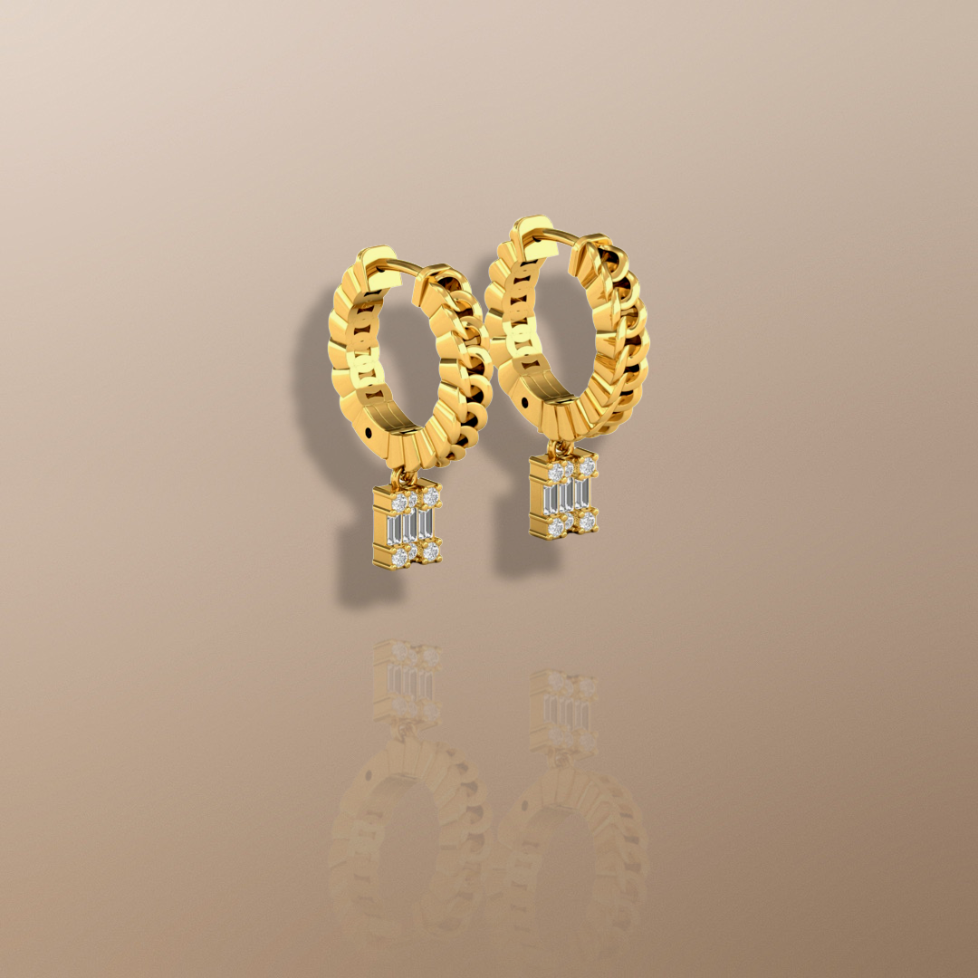 Boucles d'oreilles créoles pendantes en or jaune avec diamants et chaîne