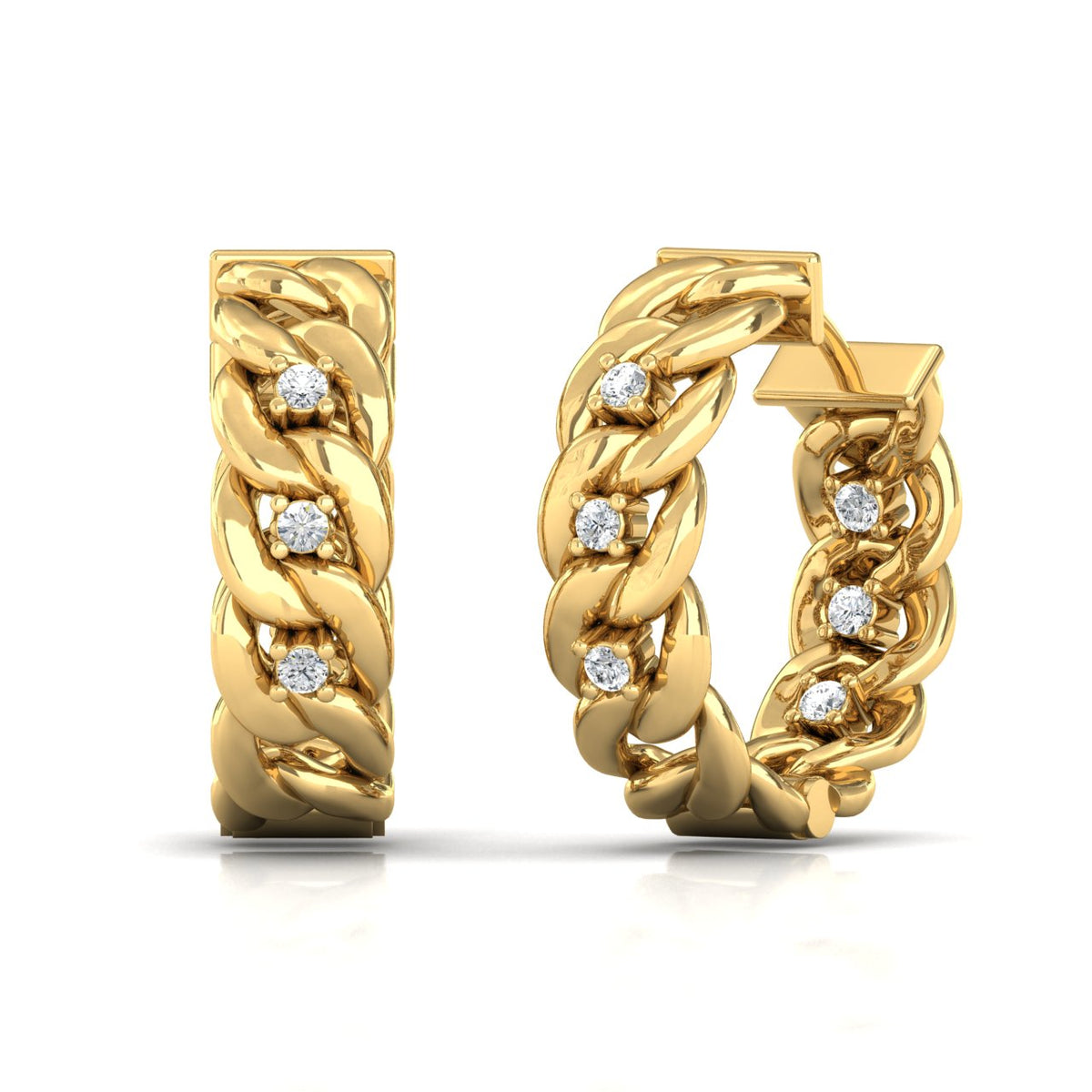  18ct yellow gold earrings, diamond front to back earrings, yellow gold chain earrings, unique design earrings