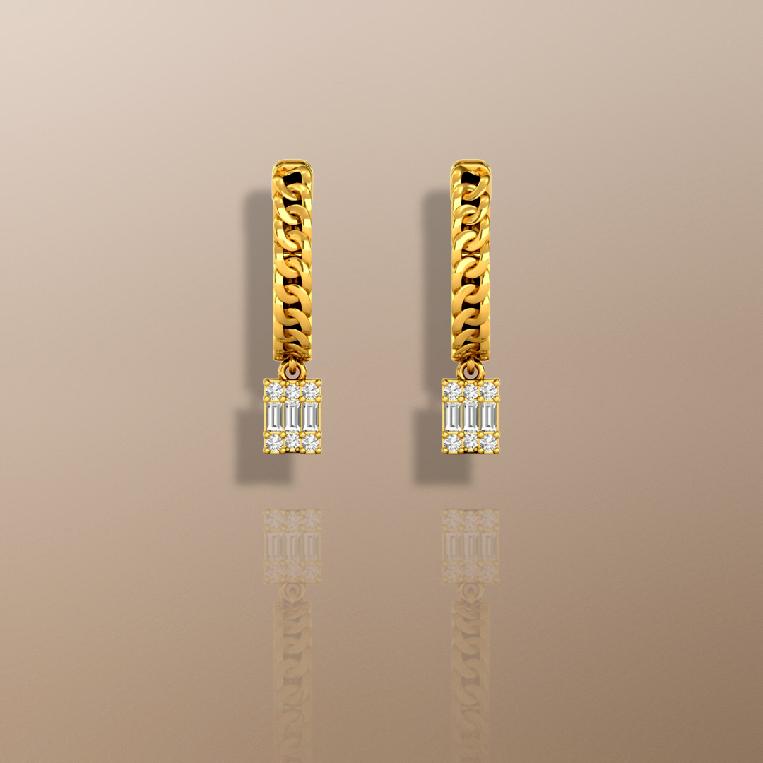 Boucles d'oreilles créoles pendantes en or jaune avec diamants et chaîne
