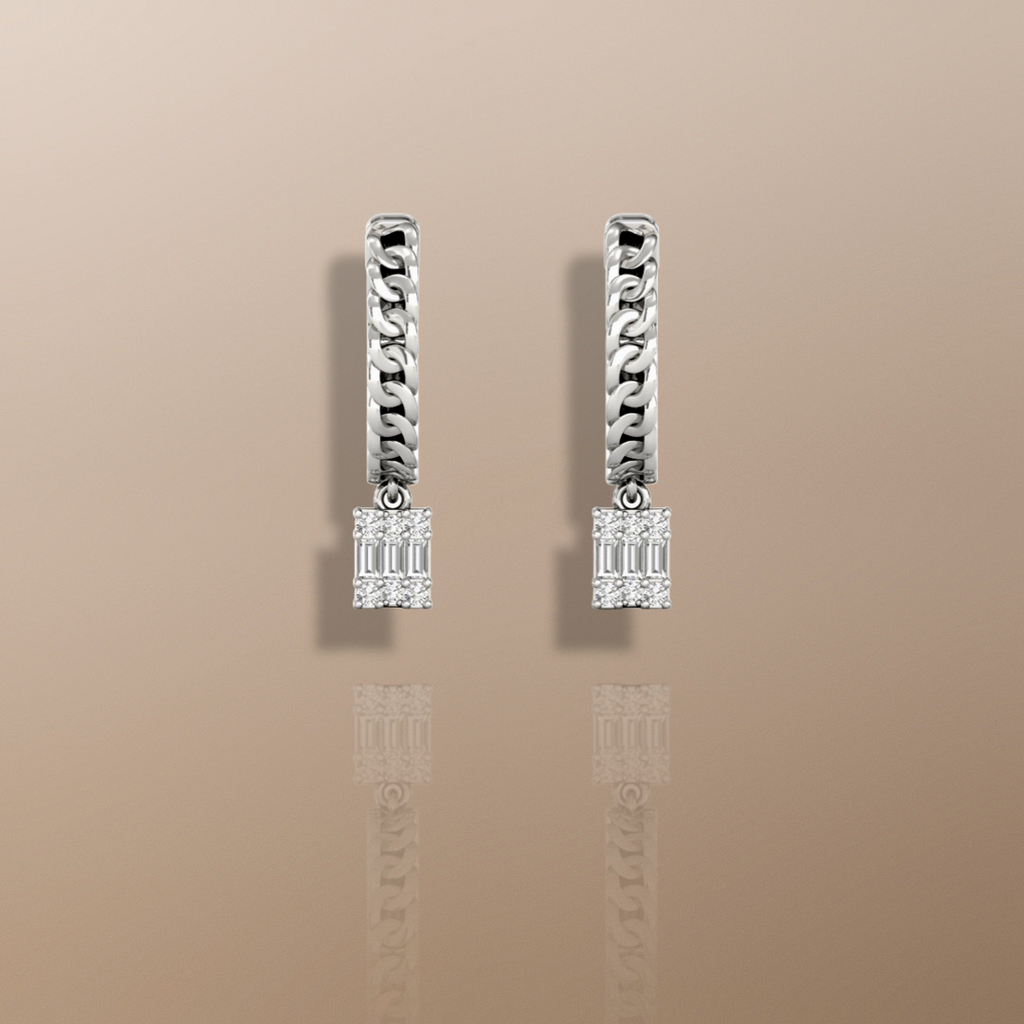 Boucles d'oreilles créoles pendantes en or blanc avec diamants et chaînette