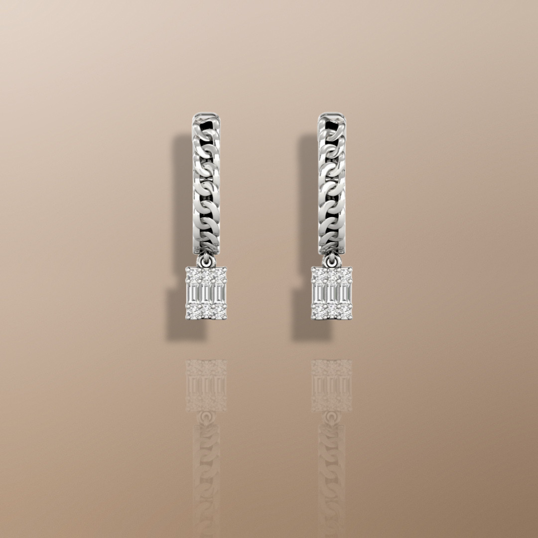 Boucles d'oreilles créoles pendantes en or blanc avec diamants et chaînette