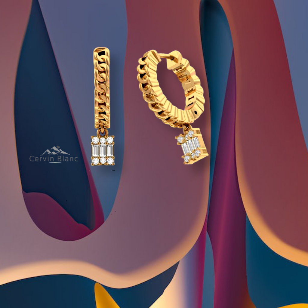 Chain Drop Diamond Hoop Earrings Yellow Gold