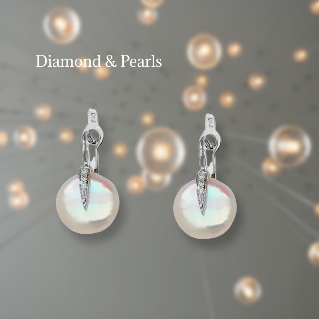 Boucles d'oreilles en or blanc 18 carats avec diamants et perles, fermoir à levier