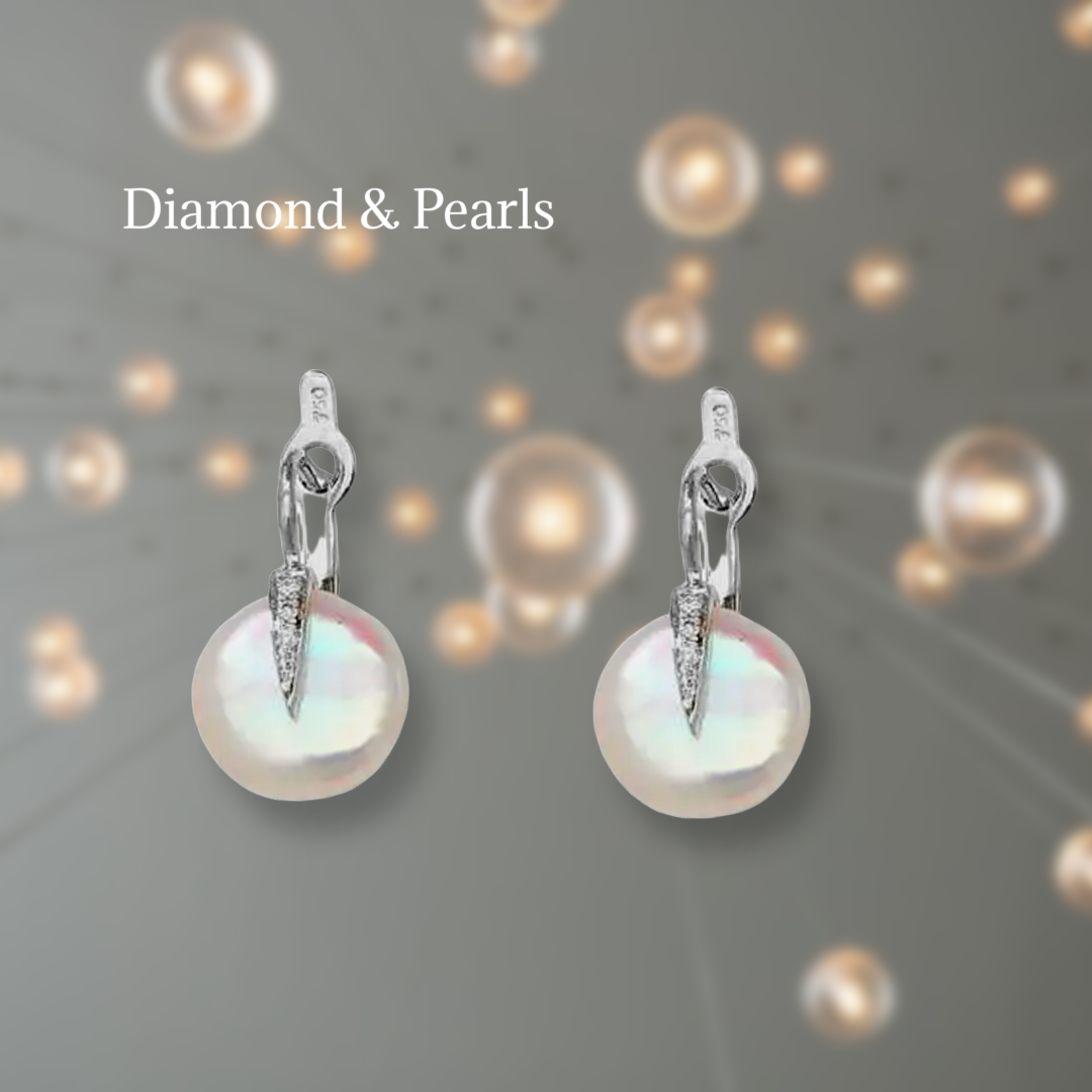 Boucles d'oreilles en or blanc 18 carats avec diamants et perles, fermoir à levier