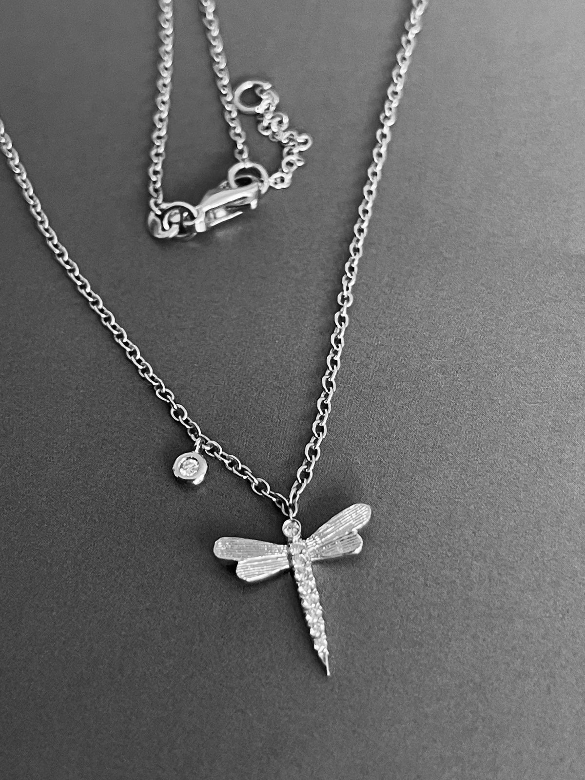 18ct White Gold Diamond Necklace Dragonfly pendant with solitaire charm