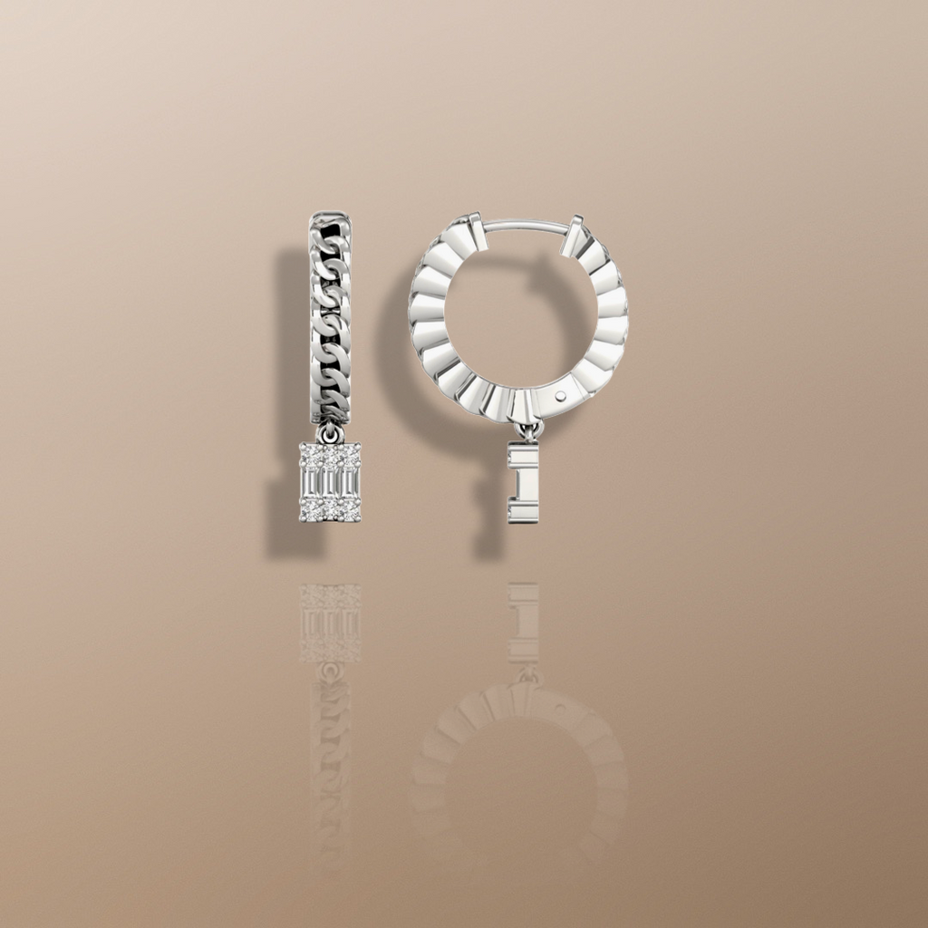 Boucles d'oreilles créoles pendantes en or blanc avec diamants et chaînette