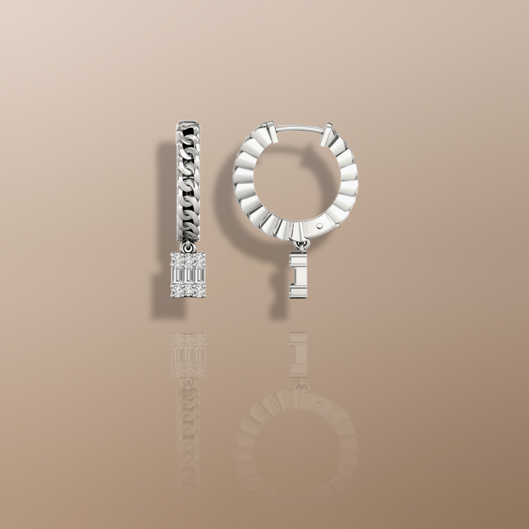 Boucles d'oreilles créoles pendantes en or blanc avec diamants et chaînette