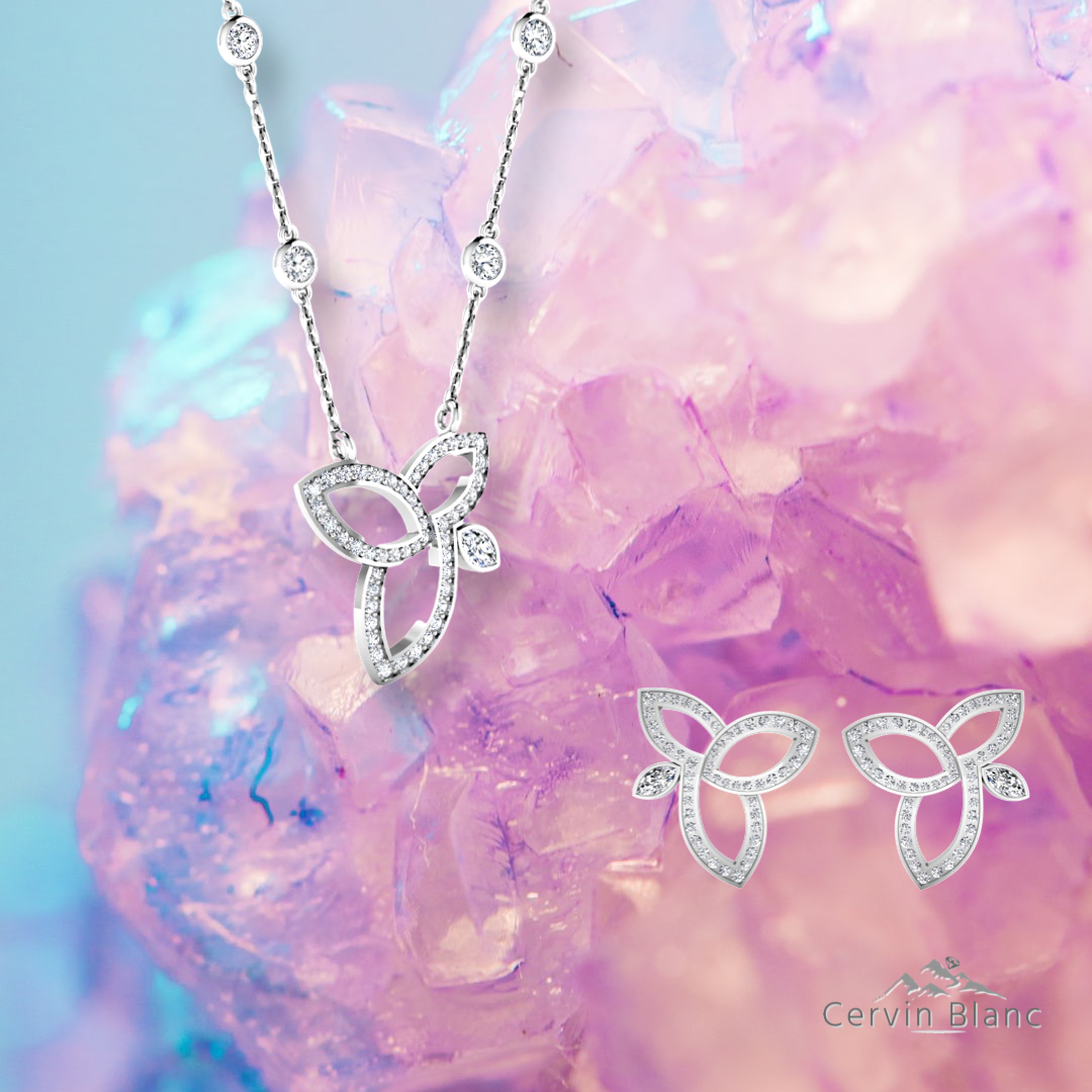 Modern 18ct white gold lotus flower diamond necklace