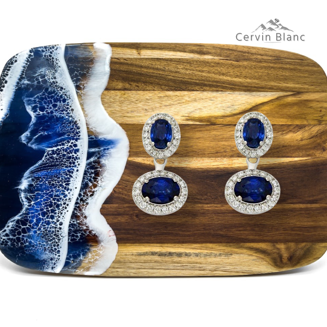 Boucles d'oreilles en or blanc, saphir et diamants, style veste