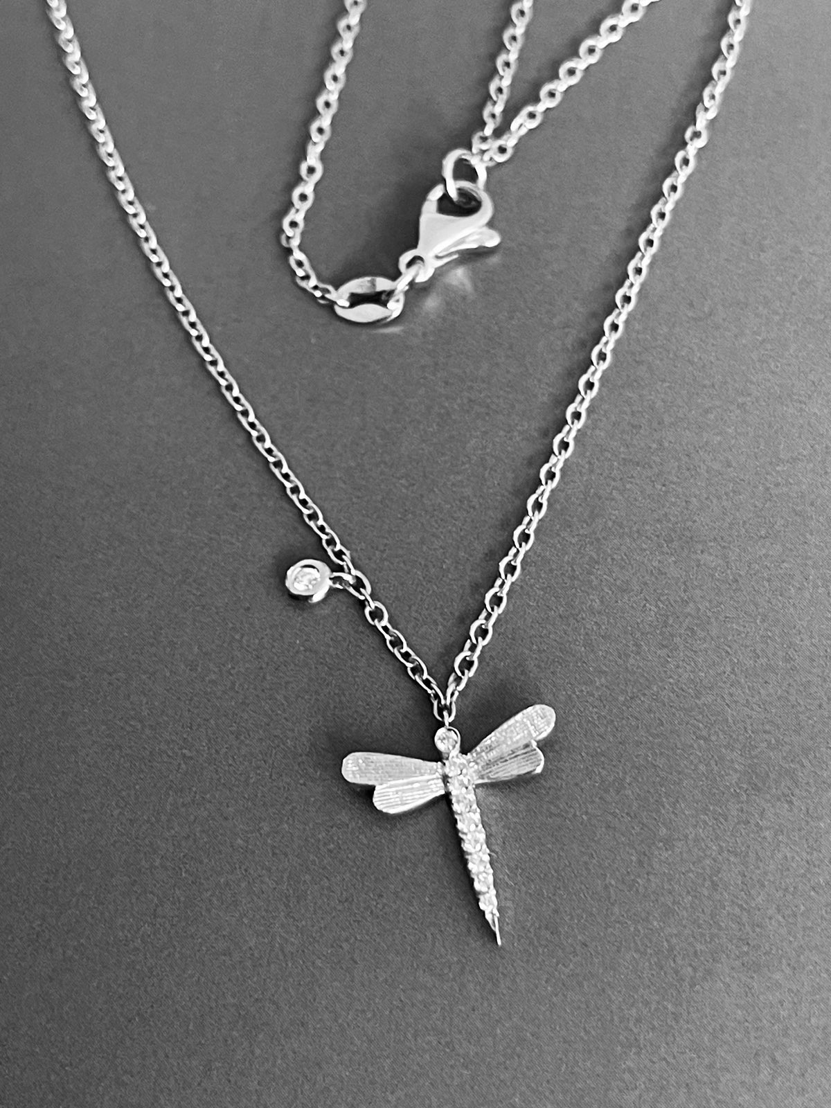 18ct White Gold Diamond Necklace Dragonfly pendant with solitaire charm
