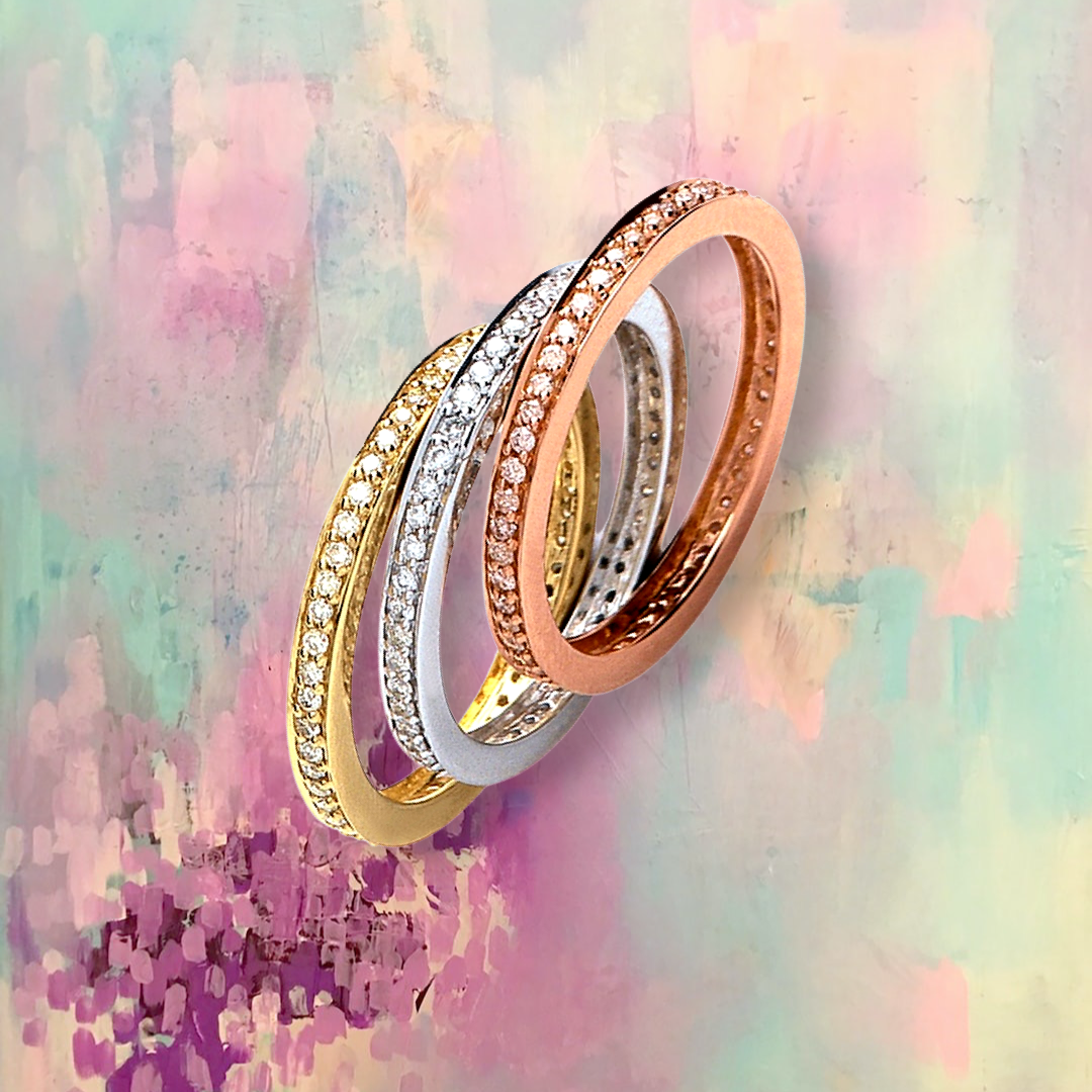 18ct Tri 3 Colour Set 0.70ct Diamond Rings Trilogy Rose, Yellow White