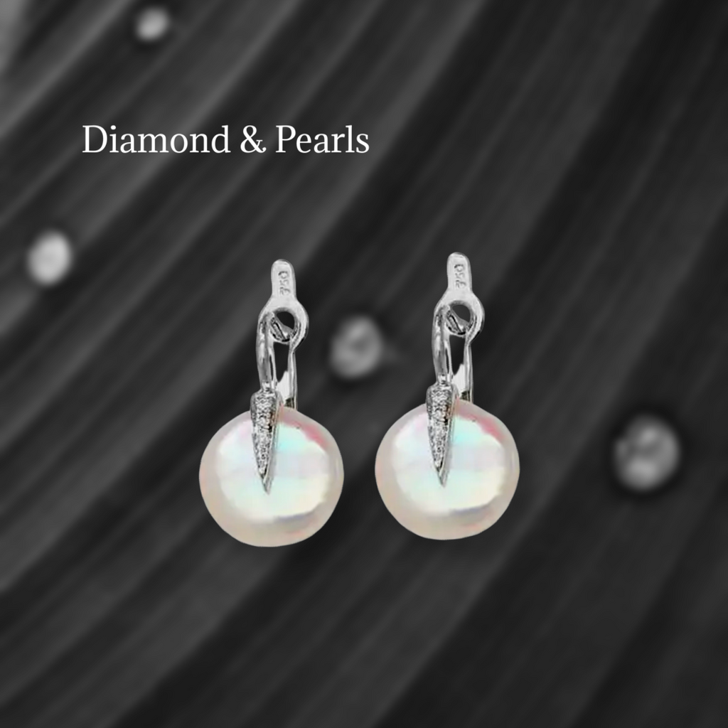 Boucles d'oreilles en or blanc 18 carats avec diamants et perles, fermoir à levier