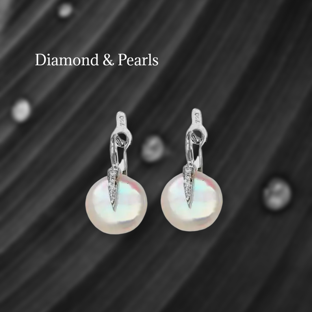 Boucles d'oreilles en or blanc 18 carats avec diamants et perles, fermoir à levier