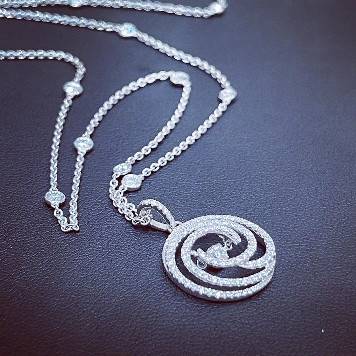 18ct Gold Diamond Swirl Necklace with scatter Diamond chain