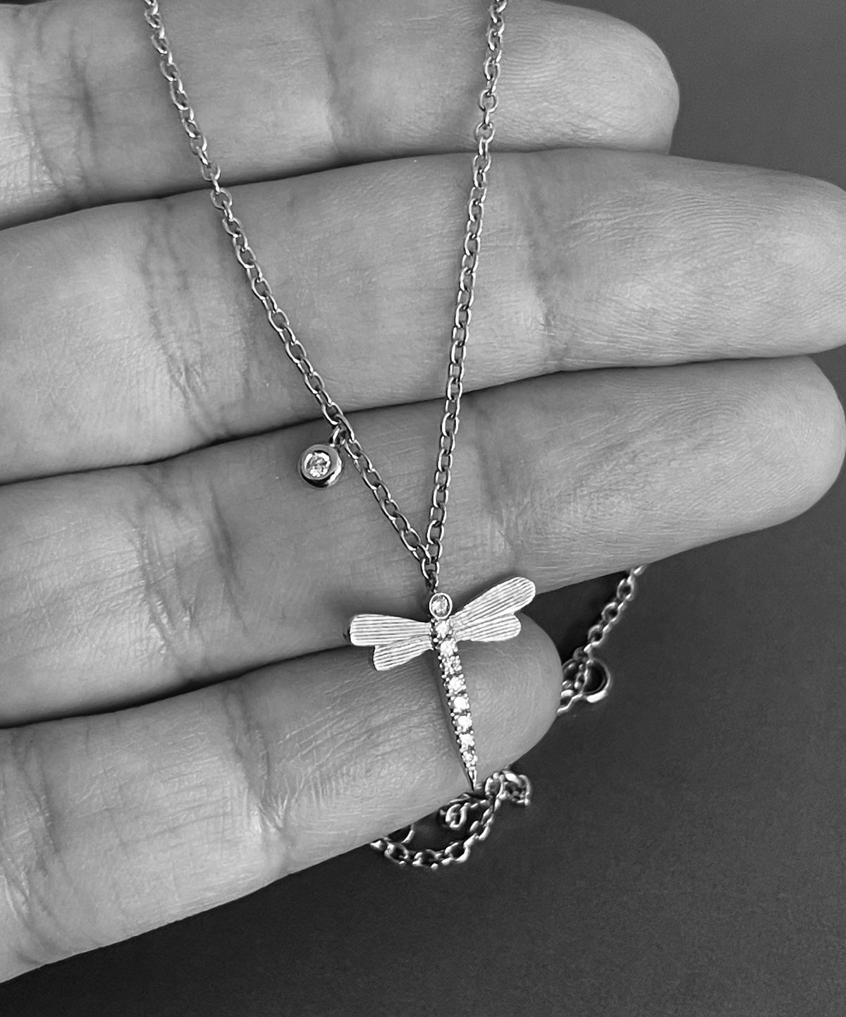 18ct White Gold Diamond Necklace Dragonfly pendant with solitaire charm