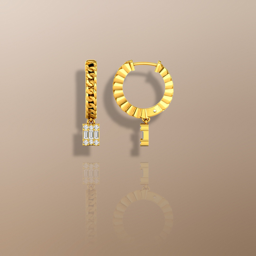 Boucles d'oreilles créoles pendantes en or jaune avec diamants et chaîne